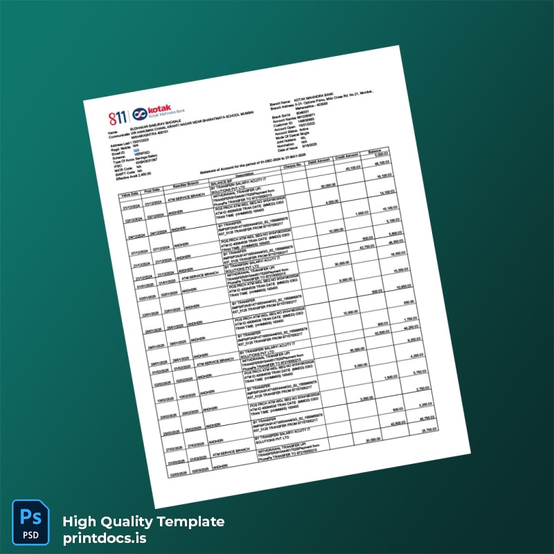 India Kotak Mahindra Bank Bank Statement Template in Word and PDF formats