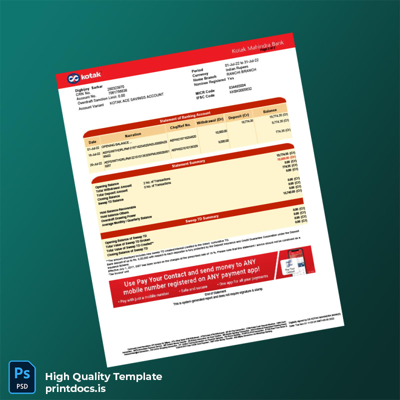 India Kotak Mahindra Bank Statement Template in Word and PDF formats page 2