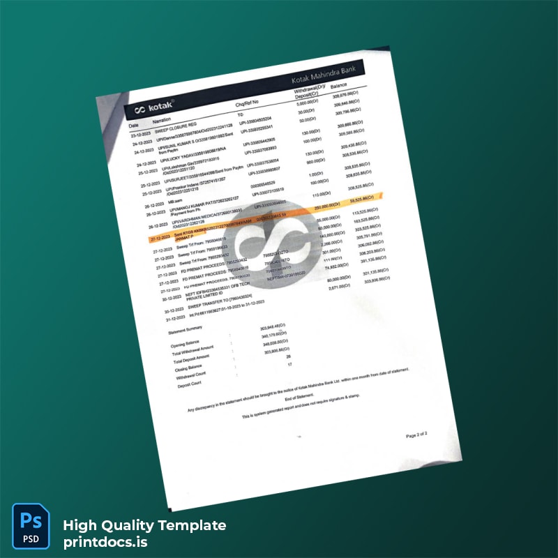 India Kotak Mahindra Bank Statement Template in Word and PDF formats page 2