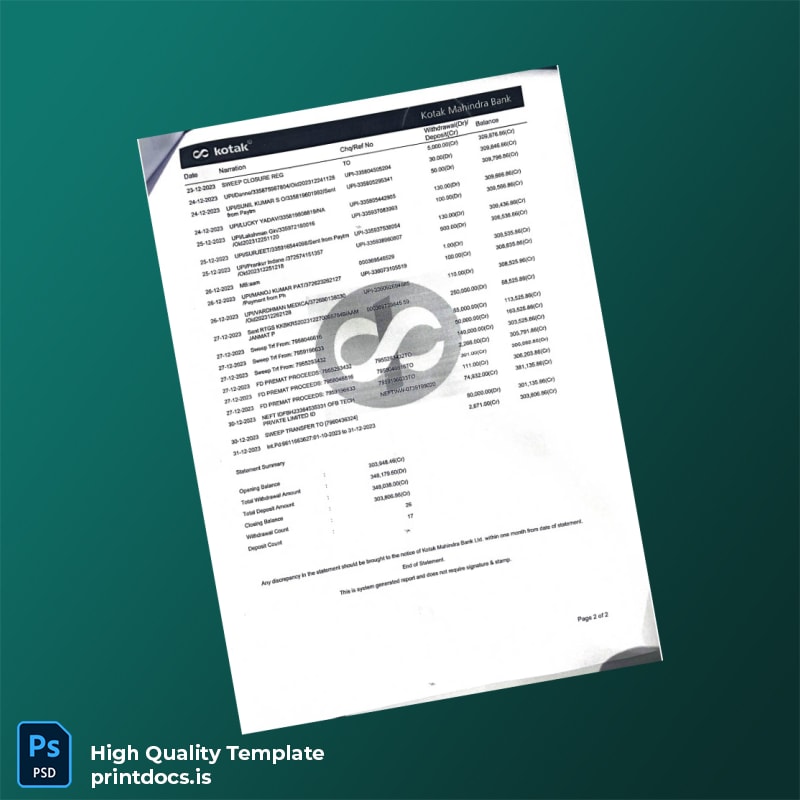 India Kotak Mahindra Bank Statement Template in Word and PDF formats page 3