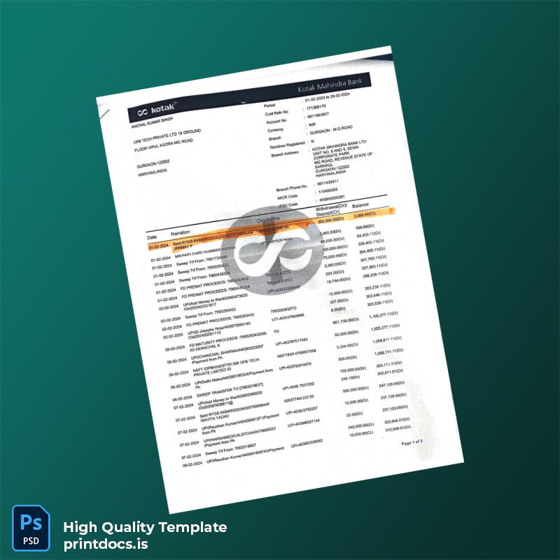 India Kotak Mahindra Bank Statement Template in Word and PDF formats page 4