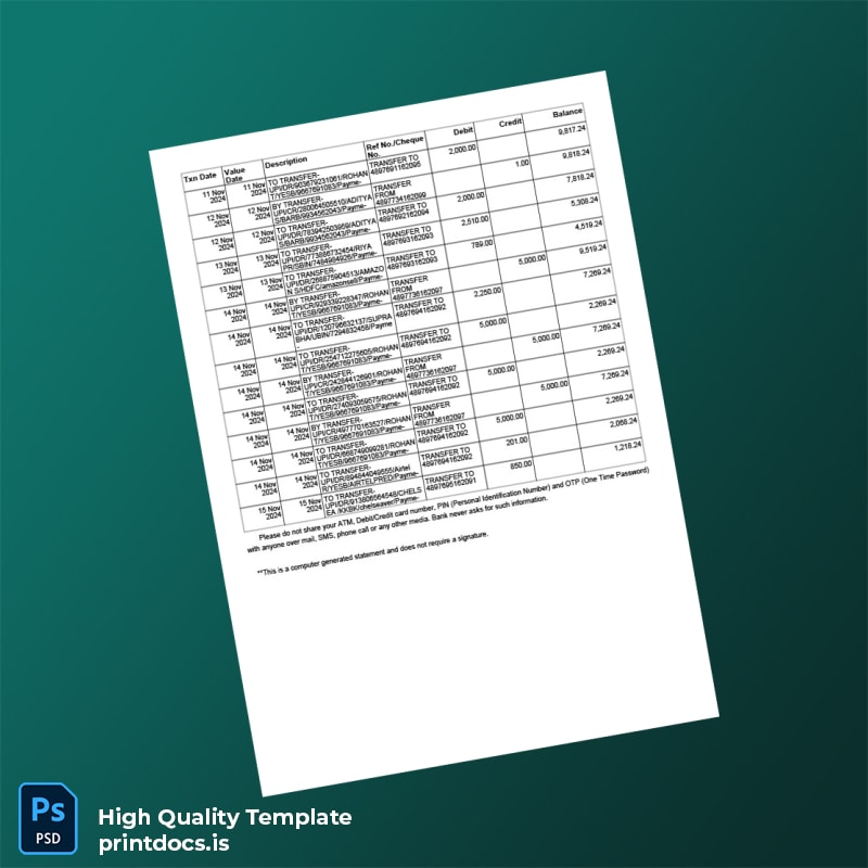 India LOTUS SAVING BANK Account Statement Template in Word and PDF formats page 2