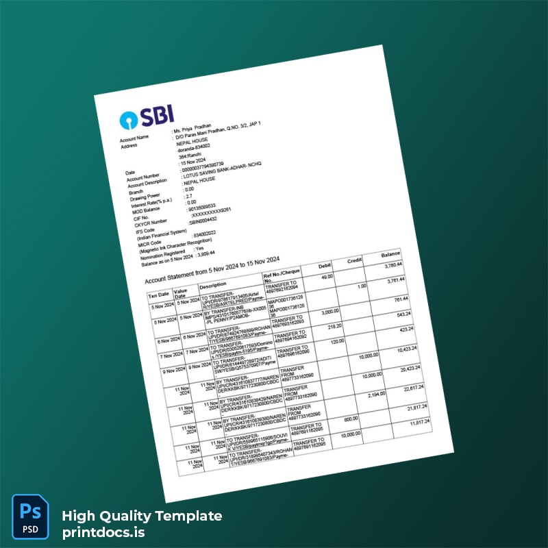 India LOTUS SAVING BANK Account Statement Template in Word and PDF formats