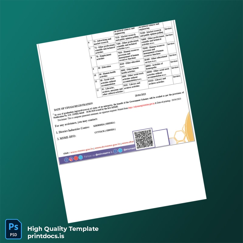 Printable India MSME Ministry of Micro Small and Medium Enterprises Udyam Registration Certificate Template in Word and PDF formats page 2 Image Preview