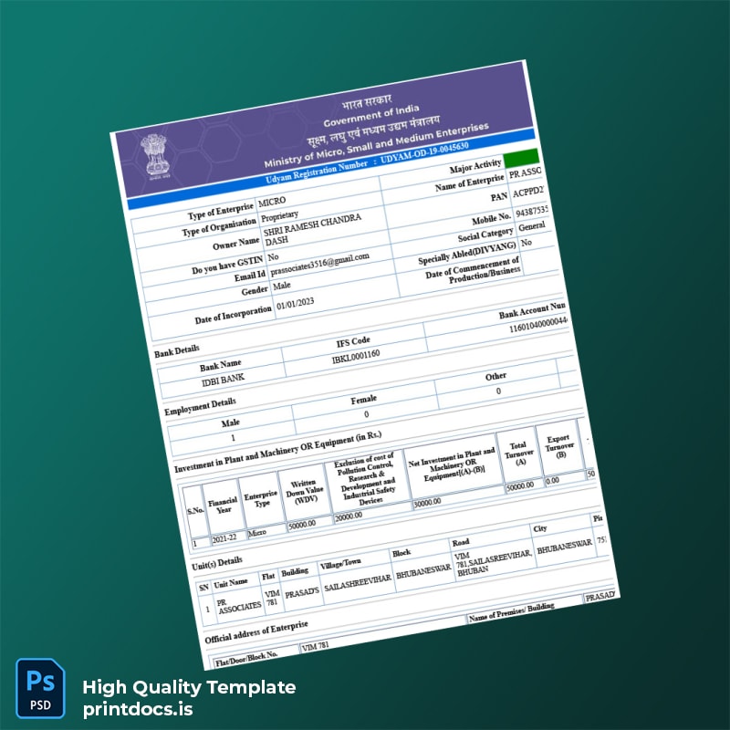 Printable India MSME Ministry of Micro Small and Medium Enterprises Udyam Registration Certificate Template in Word and PDF formats page 3 Image Preview