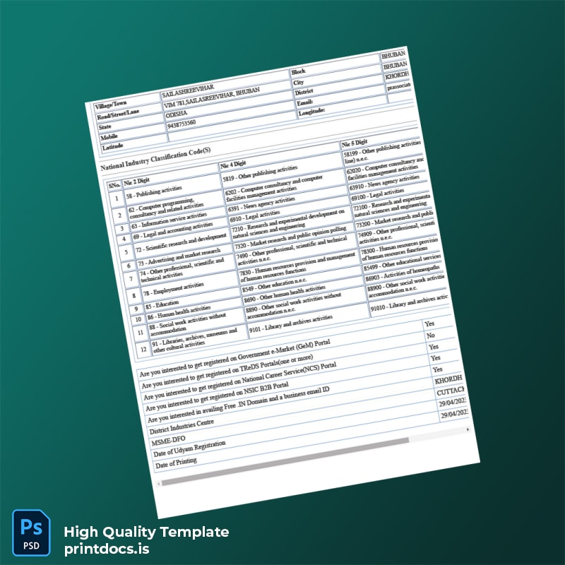 Printable India MSME Ministry of Micro Small and Medium Enterprises Udyam Registration Certificate Template in Word and PDF formats page 4 Image Preview