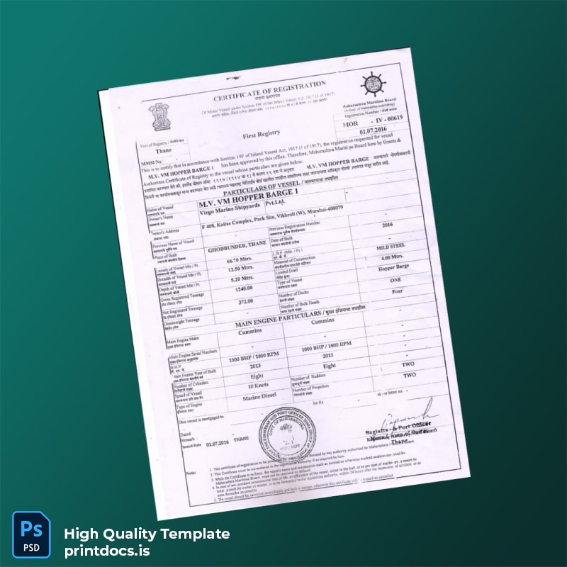 Printable India Maharashtra Maritime Board Registration Certificate Template (Word & PDF) Image Preview - PrintDocs