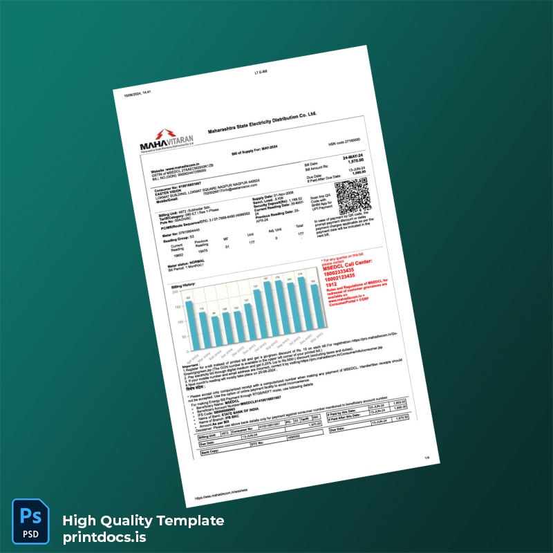 India Maharashtra State Electricity Distribution Co Ltd Editable Utility Bill Template in Word and PDF formats