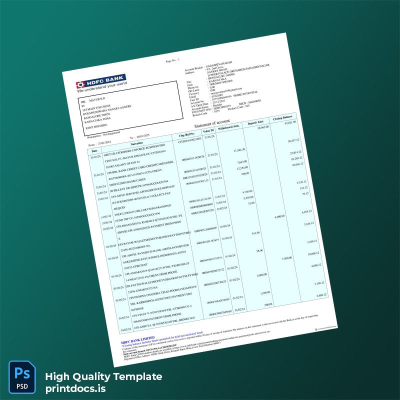 India Mayur Bank Statement Template in Word and PDF formats page 2