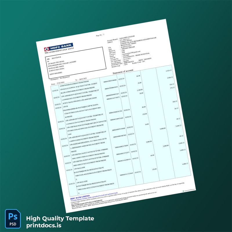 India Mayur Bank Statement Template in Word and PDF formats