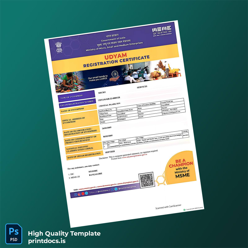 Printable India Ministry of Commerce MSME Registration Certificate Template (Word & PDF) Image Preview - PrintDocs