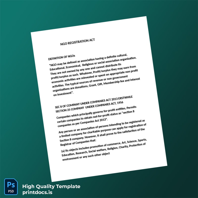 Printable India Ministry of Commerce NGO Registration Act Template (Word & PDF) Image Preview - PrintDocs