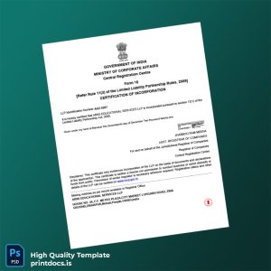 Printable India Ministry of Corporate Affairs Registration Certificate Template (Word & PDF) Image Preview - PrintDocs