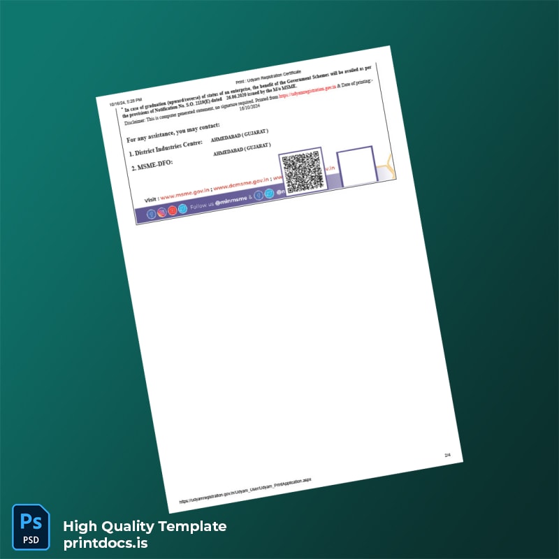 Printable India Ministry of Micro Small and Medium Enterprises Udyam Registration Certificate Template in Word and PDF formats page 2 Image Preview