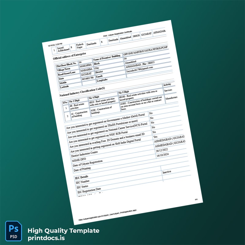 Printable India Ministry of Micro Small and Medium Enterprises Udyam Registration Certificate Template in Word and PDF formats page 4 Image Preview