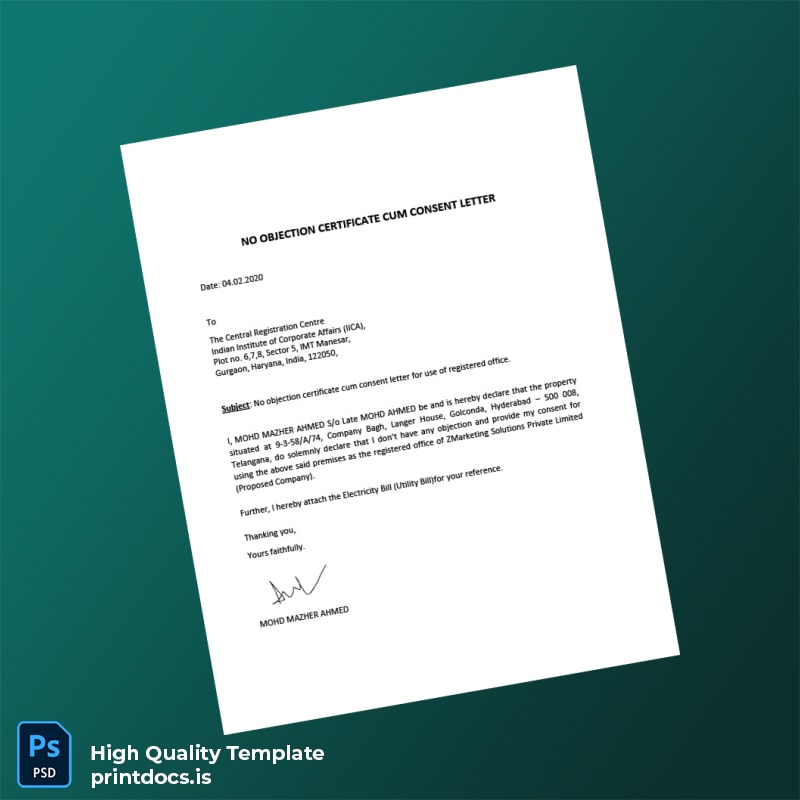 India Mohd Mazher Ahmed Editable No Objection Certificate Template in Word and PDF formats