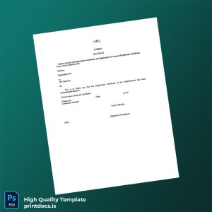 Printable India Notice of Loss of Registration Certificate Application for Duplicate Template (Word & PDF) Image Preview - PrintDocs