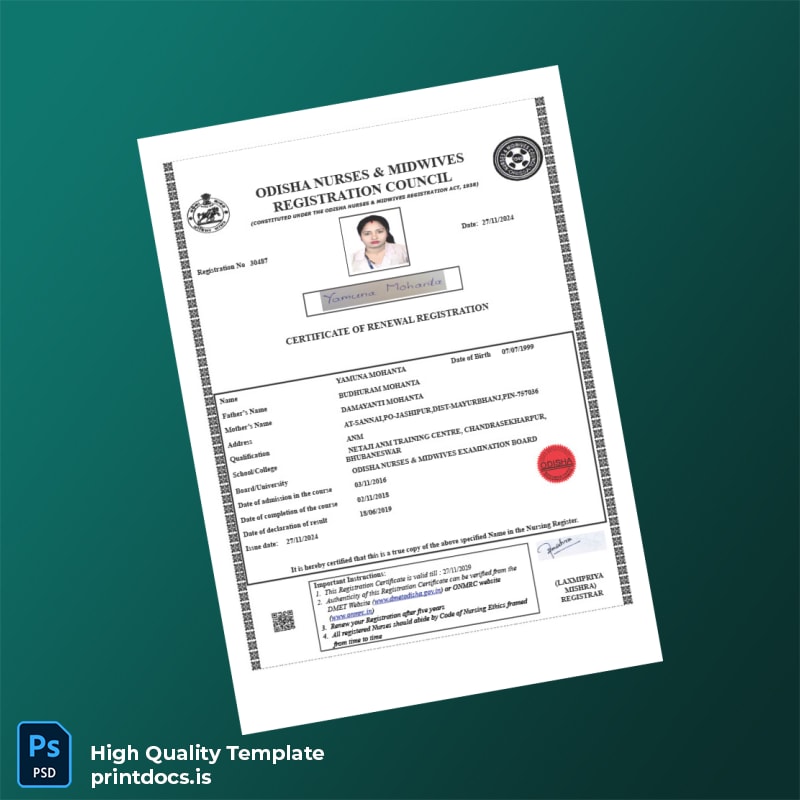 Printable India Odisha Nurses Midwives Registration Council Registration Certificate Template (Word & PDF) Image Preview