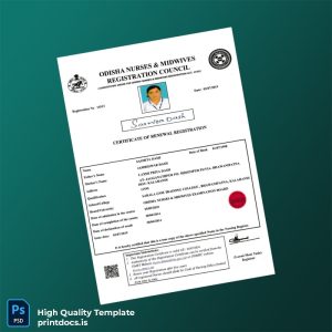 Printable India Odisha Nursing Registration Certificate Template (Word & PDF) Image Preview