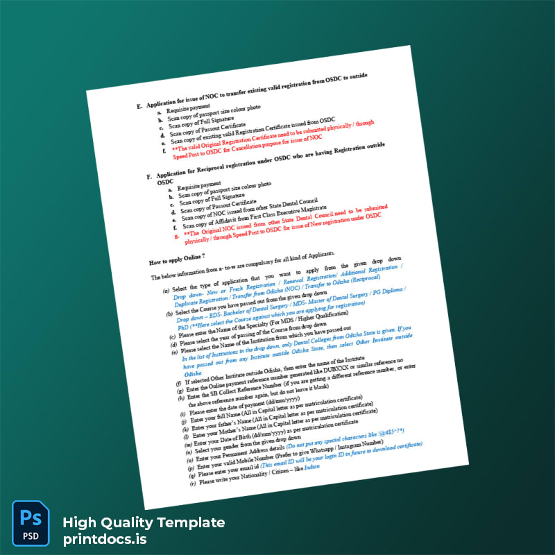 Printable India Odisha State Dental Council Registration Certificate Template in Word and PDF formats page 2 Image Preview - PrintDocs