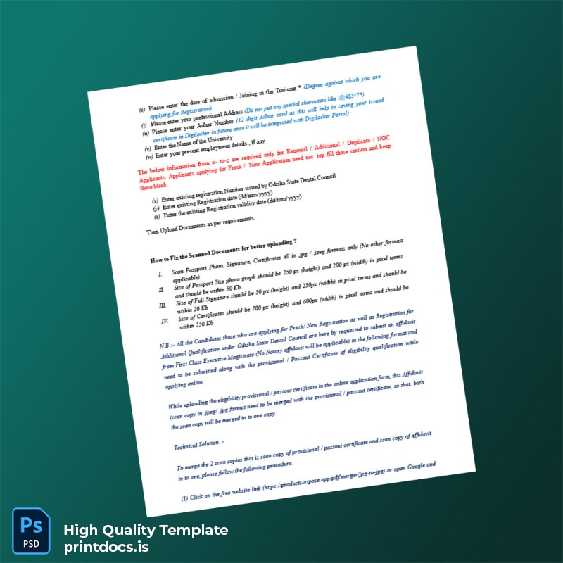 Printable India Odisha State Dental Council Registration Certificate Template in Word and PDF formats page 3 Image Preview - PrintDocs