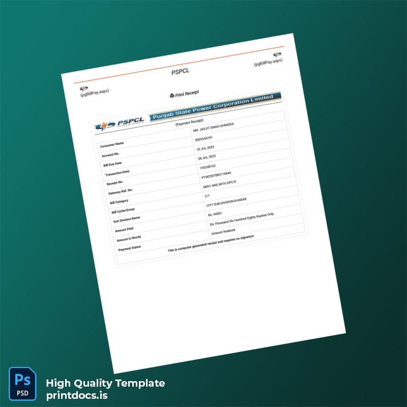 India PSPCL Editable Utility Bill Template in Word and PDF formats page 2