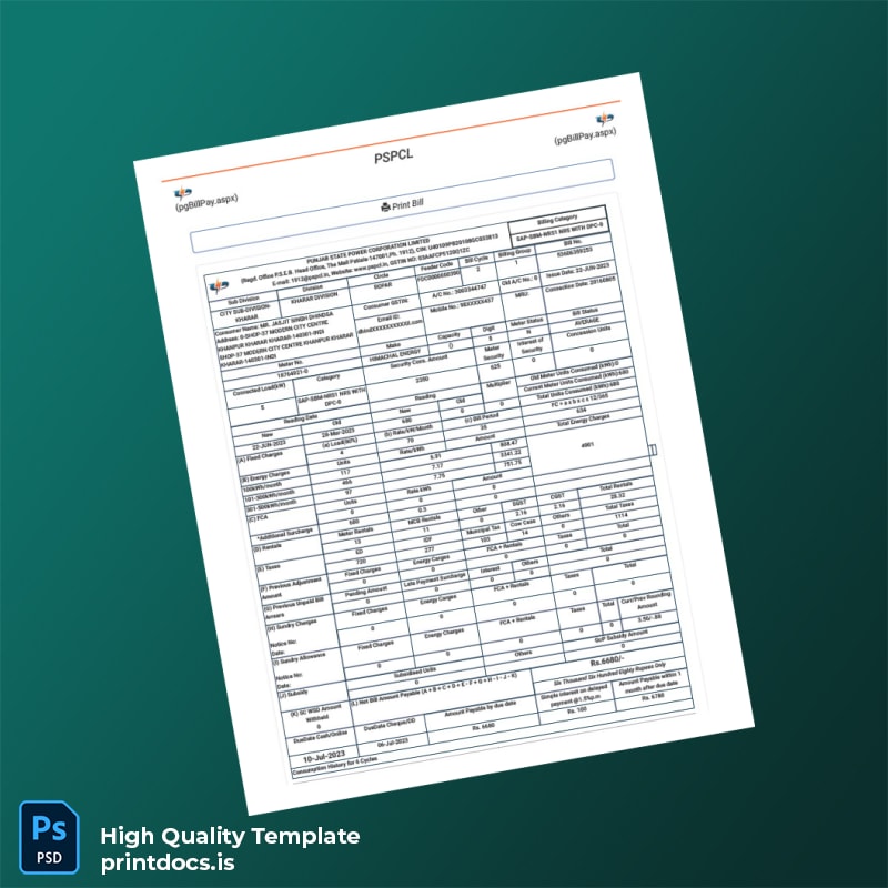 India PSPCL Editable Utility Bill Template in Word and PDF formats