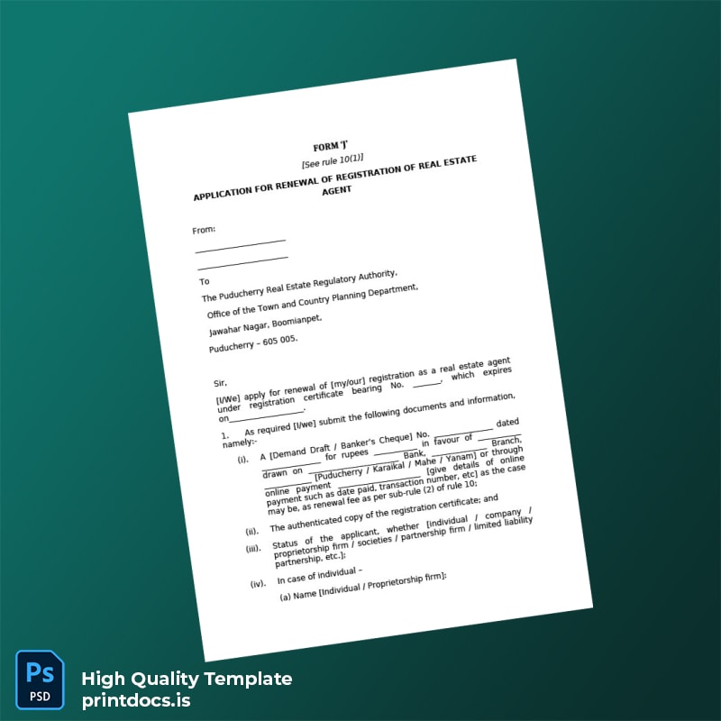 Printable India Puducherry Real Estate Regulatory Authority Agent Registration Renewal Form Template (Word & PDF) Image Preview - PrintDocs