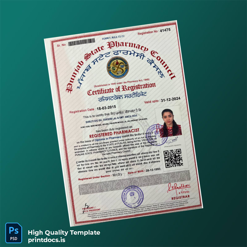 Printable India Punjab State Pharmacy Council Registration Certificate Template (Word & PDF) Image Preview - PrintDocs
