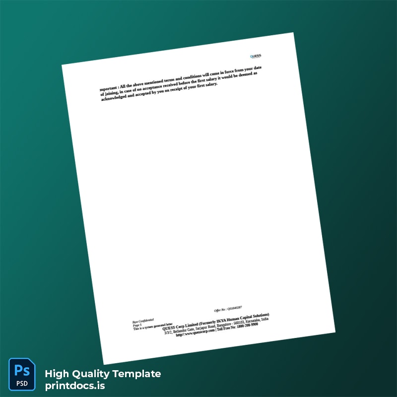 Printable India Quess Corp Limited Employment Verification Letter Template in Word and PDF formats page 5 Image Preview - PrintDocs