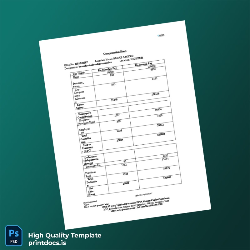 Printable India Quess Corp Limited Employment Verification Letter Template in Word and PDF formats page 6 Image Preview - PrintDocs