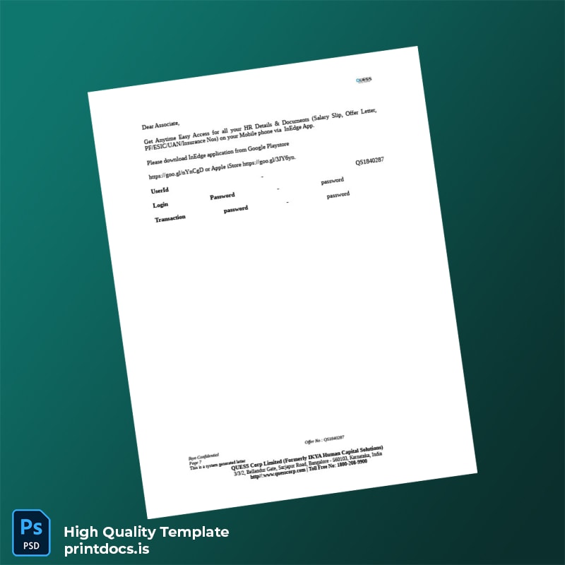 Printable India Quess Corp Limited Employment Verification Letter Template in Word and PDF formats page 7 Image Preview - PrintDocs