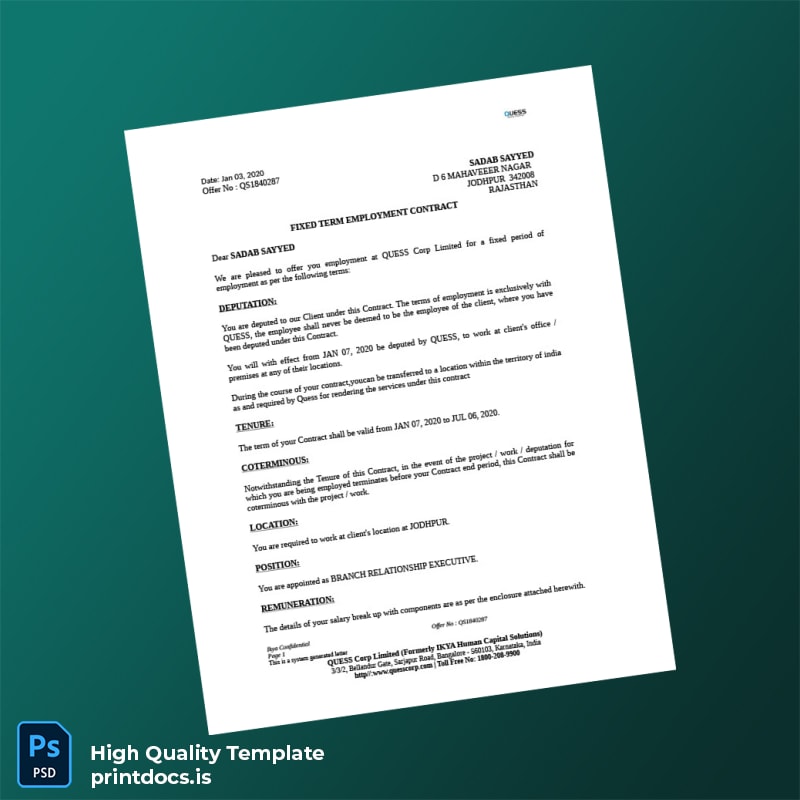 Printable India Quess Corp Limited Employment Verification Letter Template (Word & PDF) Image Preview - PrintDocs