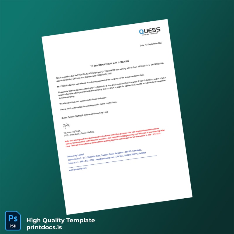 Printable India Quess General Staffing Employment Verification Letter Template (Word & PDF) Image Preview - PrintDocs