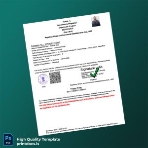 Printable India Rajasthan Shops and Commercial Establishments Registration Certificate Template (Word & PDF) Image Preview - PrintDocs