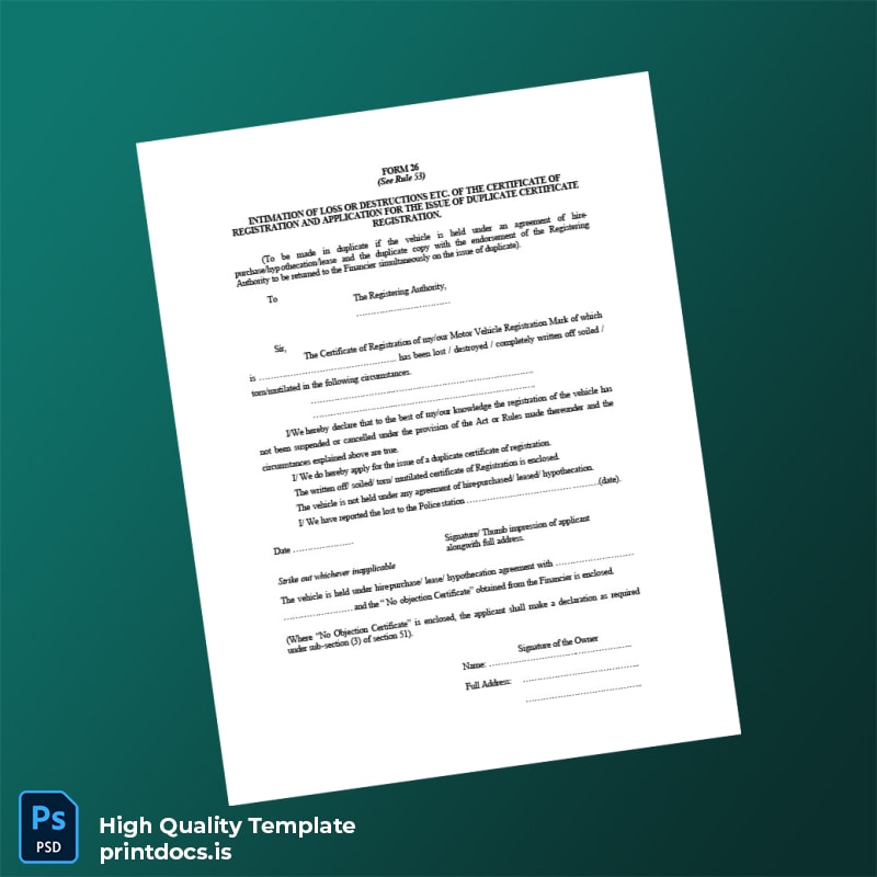 Printable India Registration Authority Duplicate Vehicle Registration Certificate Template (Word & PDF) Image Preview - PrintDocs