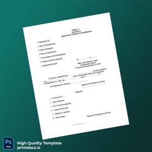 Printable India Registration Certificate of Establishments Template (Word & PDF) Image Preview