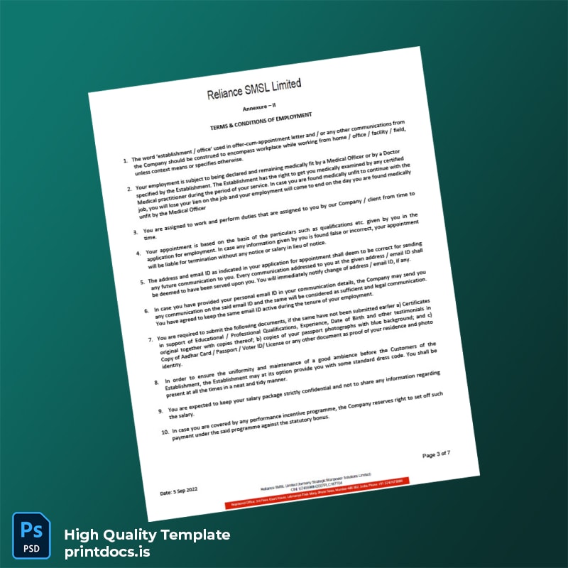 Printable India Reliance SMSL Limited Salary Certificate Template in Word and PDF formats page 3 Image Preview - PrintDocs