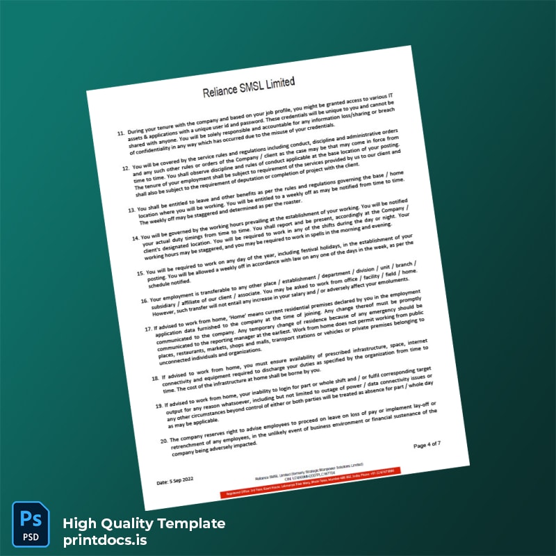 Printable India Reliance SMSL Limited Salary Certificate Template in Word and PDF formats page 4 Image Preview - PrintDocs