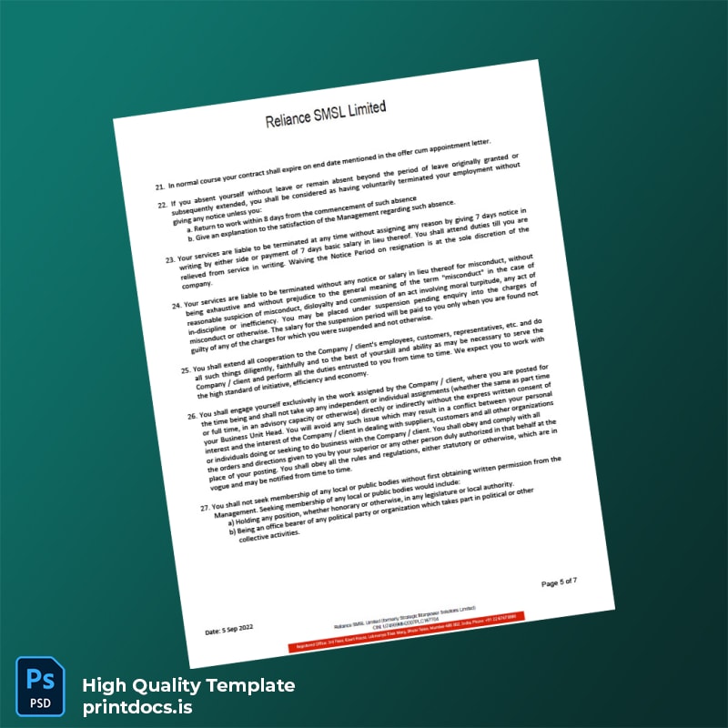 Printable India Reliance SMSL Limited Salary Certificate Template in Word and PDF formats page 5 Image Preview - PrintDocs