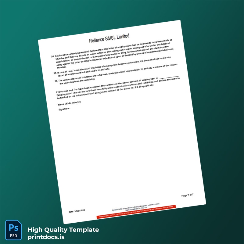 Printable India Reliance SMSL Limited Salary Certificate Template in Word and PDF formats page 7 Image Preview - PrintDocs