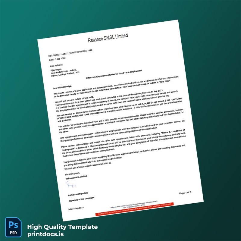 Printable India Reliance SMSL Limited Salary Certificate Template (Word & PDF) Image Preview - PrintDocs