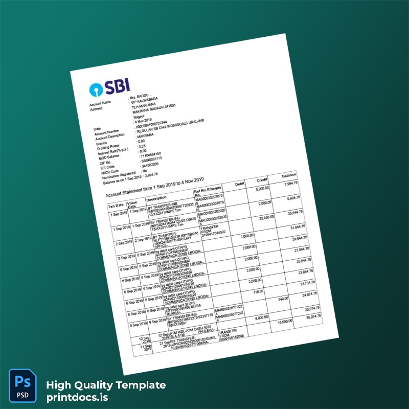 India Reserve Bank Of India Bank Statement Template in Word and PDF formats