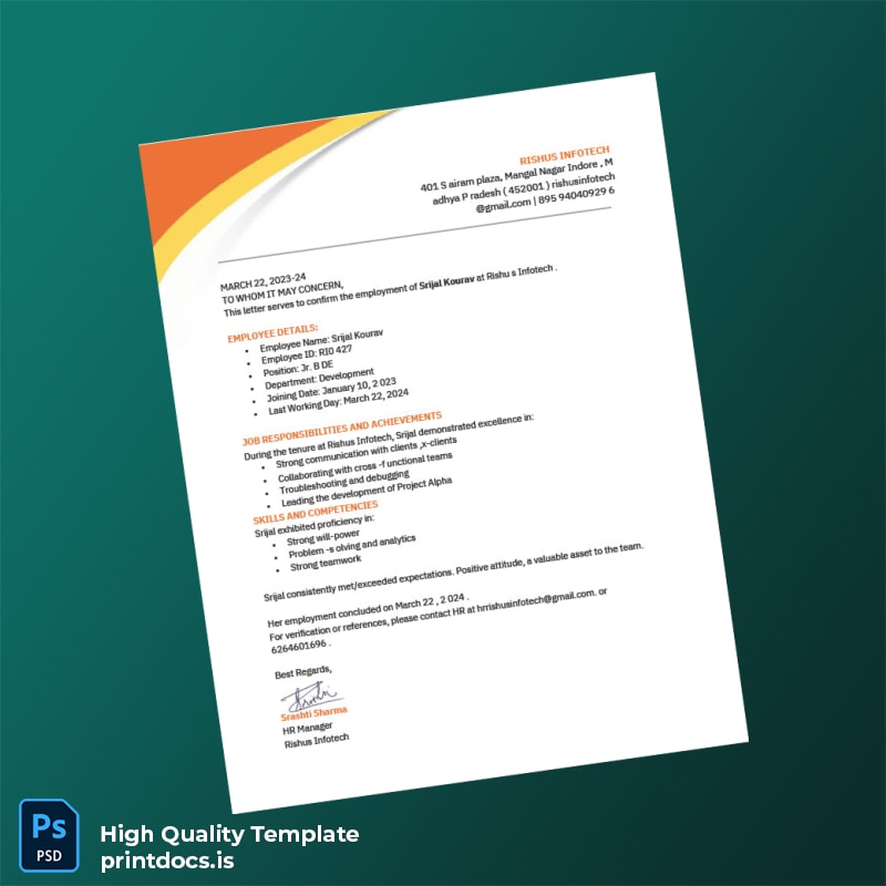 Printable India Rishu s Infotech Employment Verification Letter Template (Word & PDF) Image Preview - PrintDocs