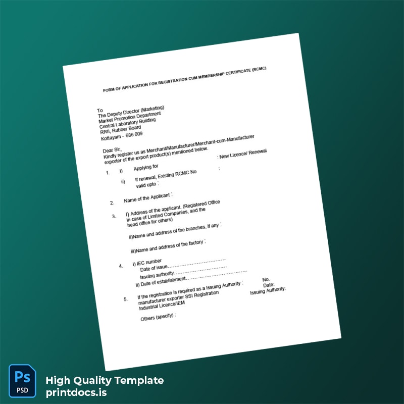 Printable India Rubber Board RCMC Registration Certificate Template (Word & PDF) Image Preview - PrintDocs