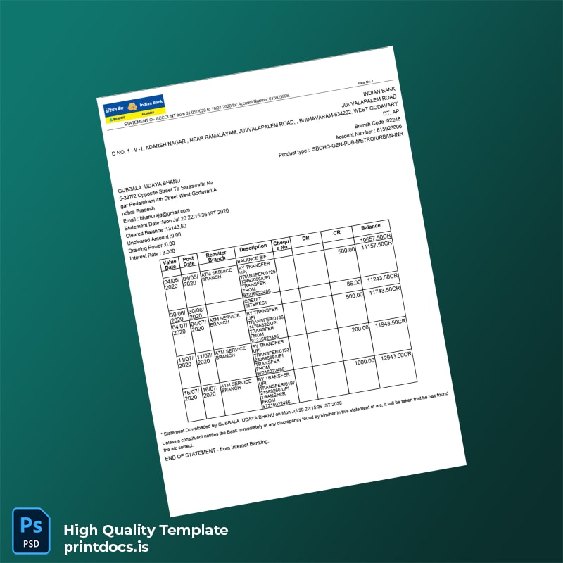 India SBCHQ Bank Statement Template in Word and PDF formats