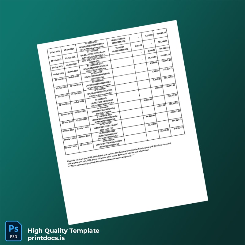India SBI Account Statement Template in Word and PDF formats page 4