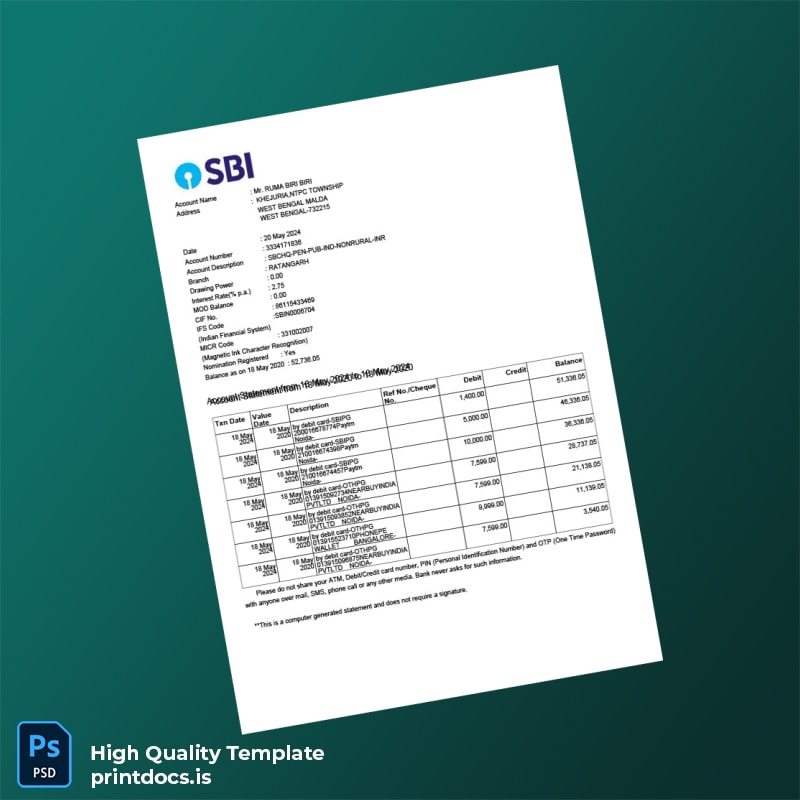 India SBIN Bank Statement Template in Word and PDF formats