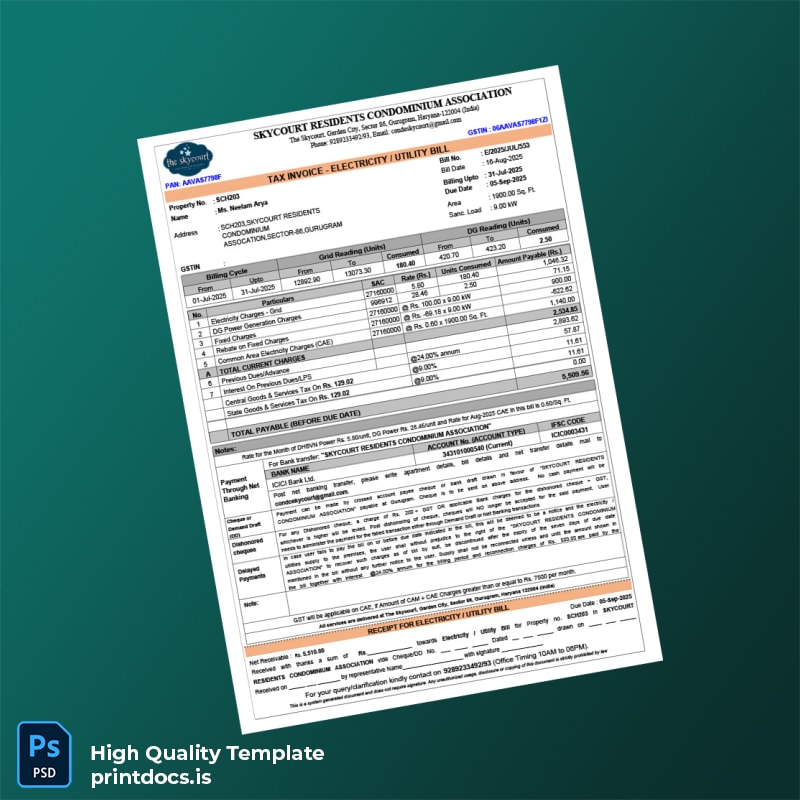 India SKYCOUT RESIDENTS CONDOMINIUM ASSOCIATION Editable Electricity Bill Template in Word and PDF formats