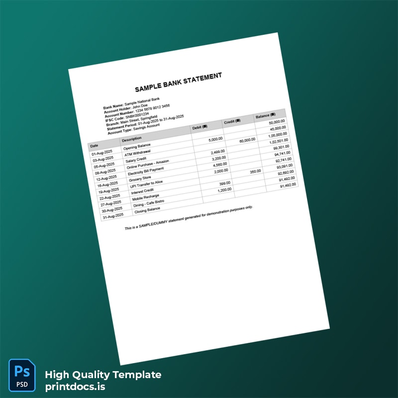 India SNBK Bank Statement Template in Word and PDF formats